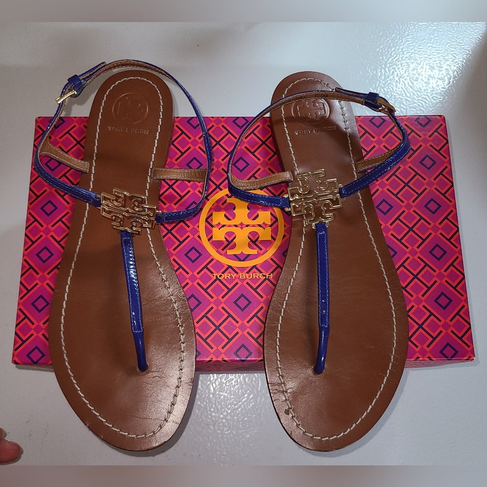 Tory Burch Designer Melinda Blue T Strap Sandals Slingback Flat 8.5 - Picture 6 of 11